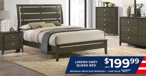Linden grey queen bed only $199.99. Comp value $527.98.