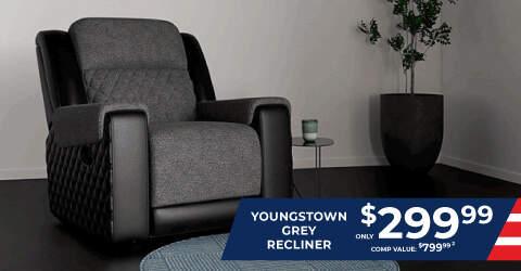 Youngstown Grey Recliner only $299.99. Comp value $799.99.