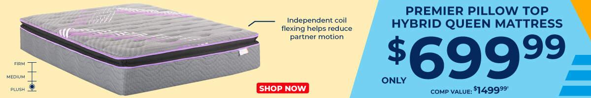 firm, medium plush. Independent coil flexing helps reduce partner motion. Premeir Pillow top hybrid queen mattress only 699.99. Comp Value 1499.99.2. Shop Now.