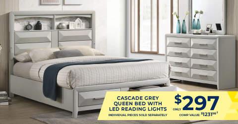 Cascade grey queen bed with LED reding lights only $297. Individual pieces sold separately. Comp Value 1231.99