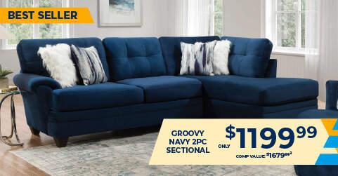 Best Seller! Groovy Navy 2PC Sectional only 1199.99. Comp Value 1679.99