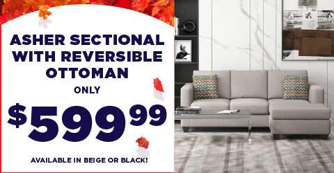 Asher Sectional with Reversible Ottoman only $599.99 available in grey or black