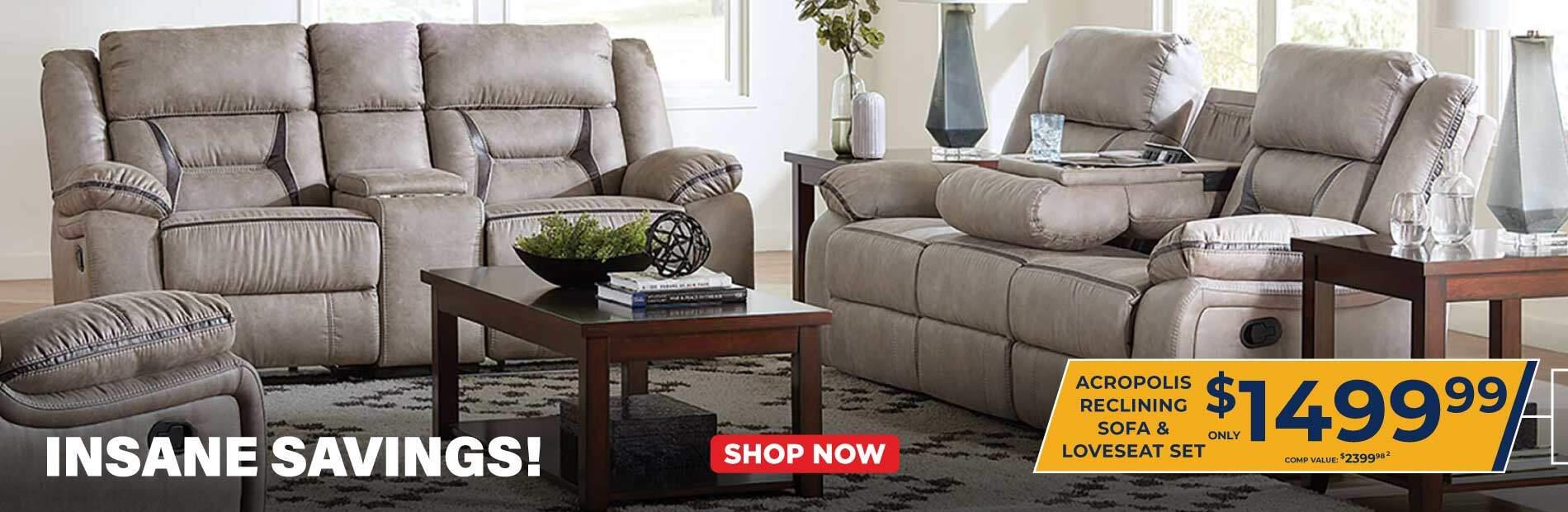 Acropolis Reclining sofa and loveseat set only $1,499.99. Comp Value 2,399.98 Shop Now