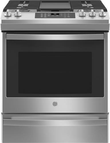 GE JGS760SPSS 30" Slide-In Front-Control Convection Gas Range with No Preheat Air Fry in Stainless Steel