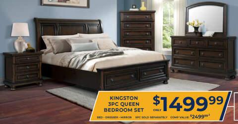 Kingston 3PC Queen Bedroom Set.Only $1,499.99 Bed, Dresser, mirror. 5PC sold separately. comp value $2,499.99.2